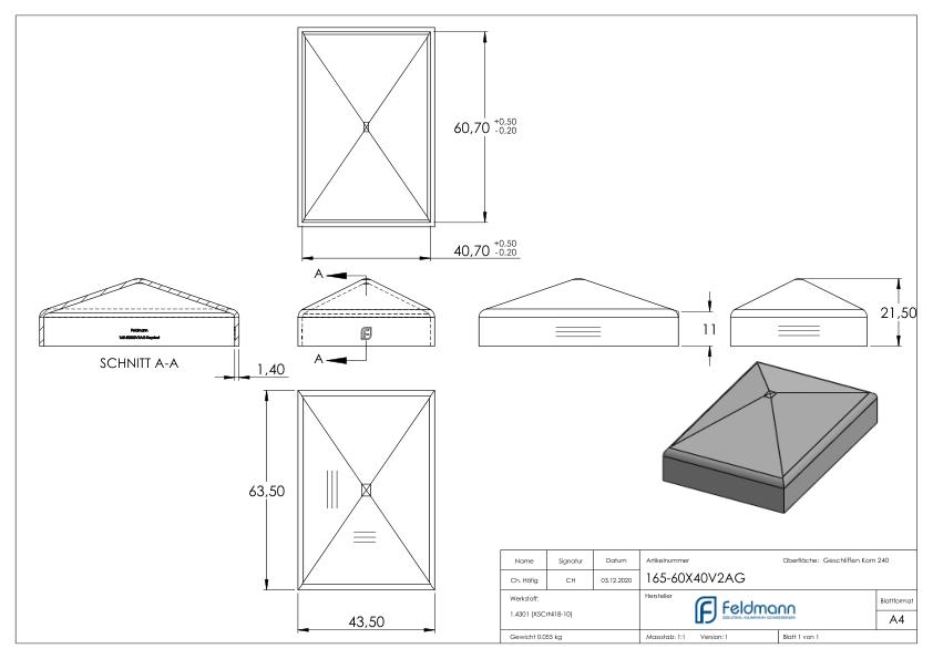Pfeilerbedecker für 60x40mm, Oberfl. geschl., V2A