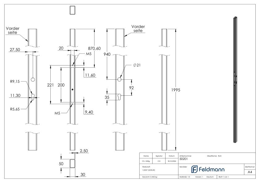 Schlossrohr 50x30 glatt, L:2000mm