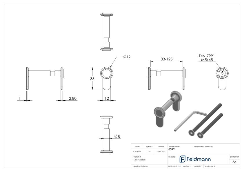Blindzylinder variabel für Türstärken 45 - 125mm bzw. 33 - 45mm