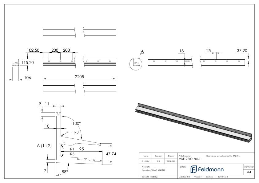 Vordachprofil eleganza canopy, L: 2205mm, RAL7016