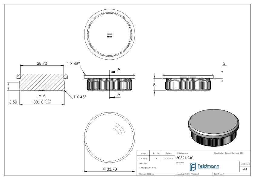 Rohrabschlussstopfen, für Rohr 33,7x2,0mm, V2A