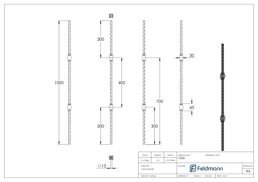 Knubbelstab 13x13mm, gehämmert, H: 1000mm
