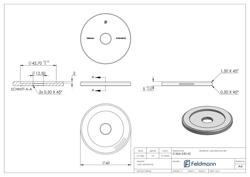 Adapterplatte Ø 60mm für Rohr 42,4mm, V2A