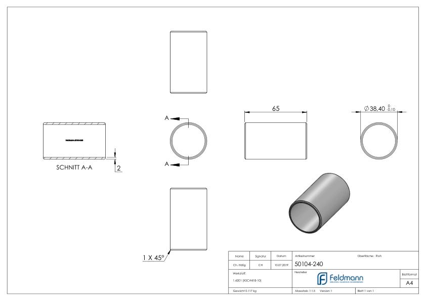 Verbindungsstück für Rohr 42,4x2,0mm, V2A