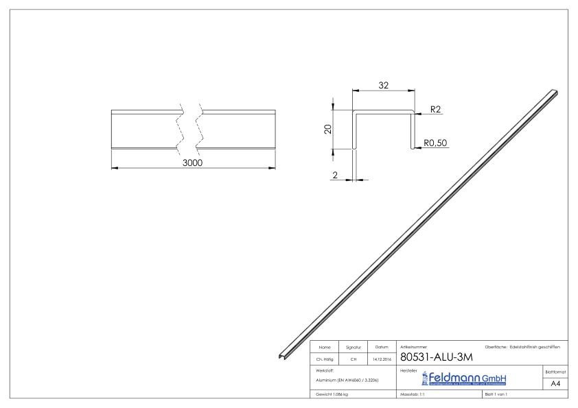 Aluminium-U-Profil, 32 x 20 x 2mm, Länge: 3000mm