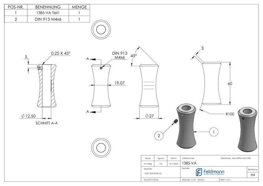 Zierhülse mit Durchgangsbohrung 12,5mm, V2A