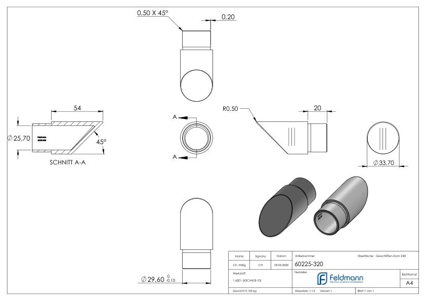 Endbogen 45°, für Rohr 33,7x2,0mm, V2A