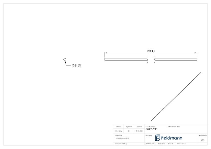 Rundmaterial, 8mm, ungeschliffen, L: 3000mm, V2A