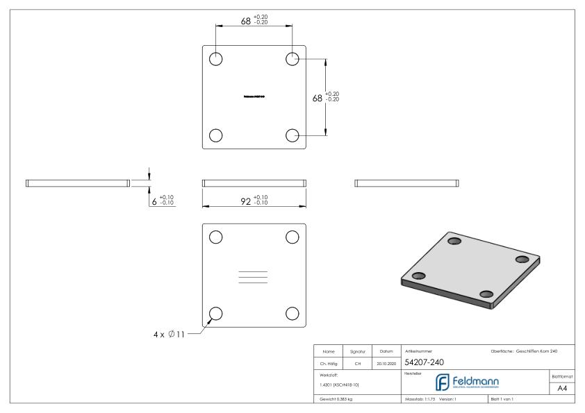 Ankerplatte, 92x92x6mm, mit Längsschliff, V2A