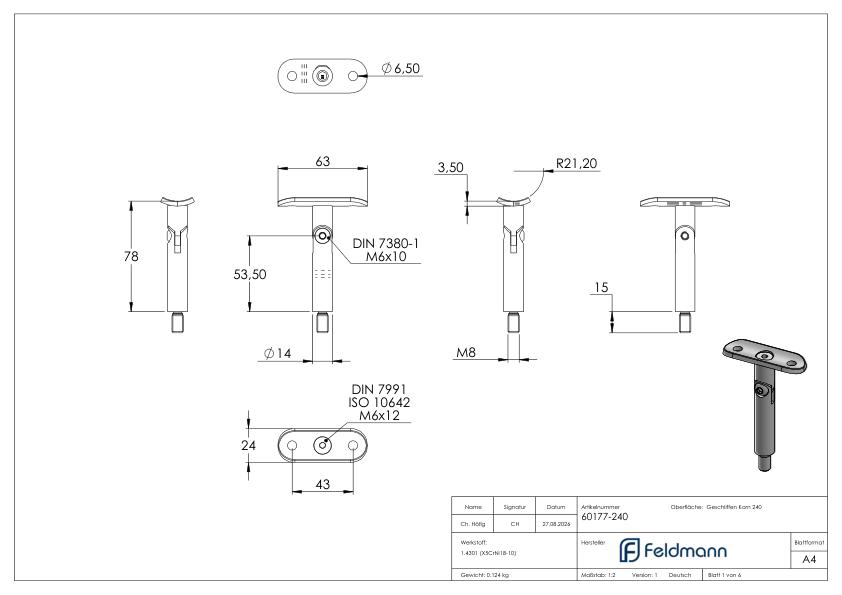 Gelenkstift mit Handlaufanschlussplatte 42,4mm, V2A