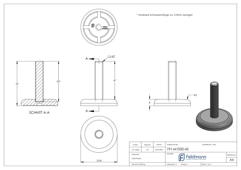 Stellfuß mit Bodenausgleichsschraube M10x50