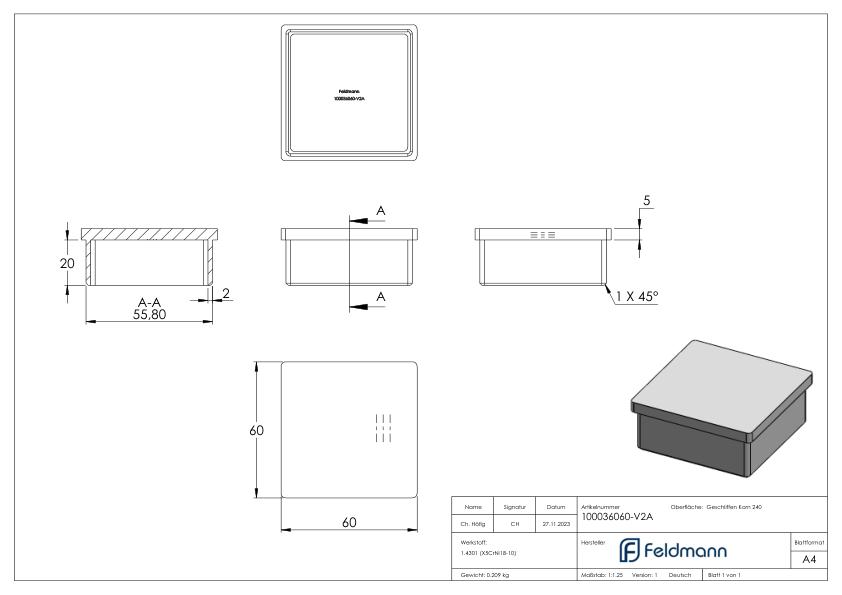 Einsteckkappe für Rohr 60x60x2,0mm, V2A