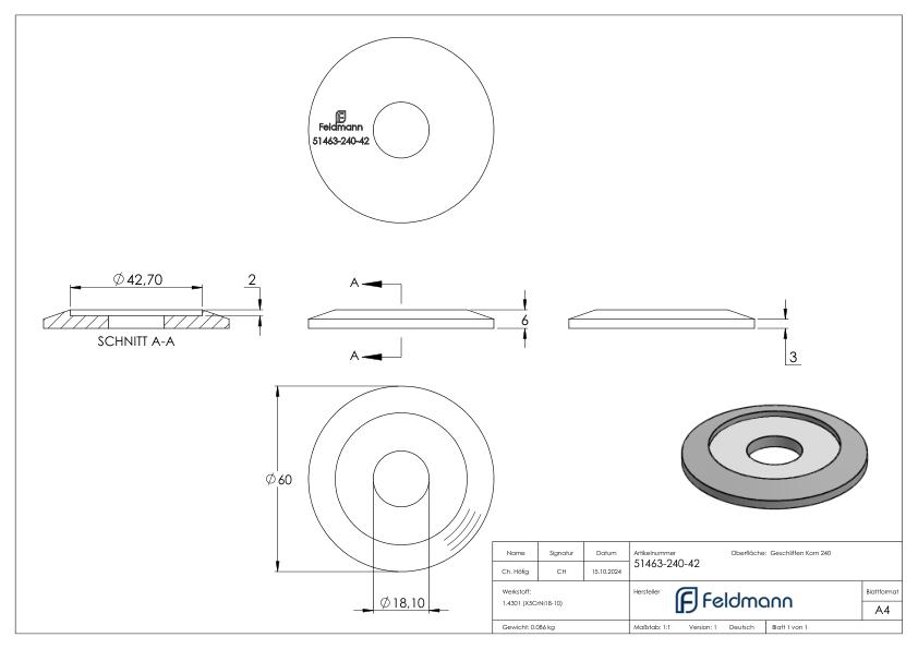 Adapterplatte Ø 60mm für Rohr 42,4 x 2,0-2,5mm, V2A