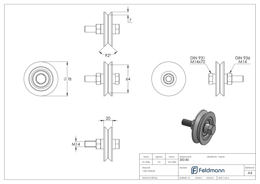 Schiebetorrolle Ø 80mm mit V-Rille, verzinkt, Tragkraft 200kg