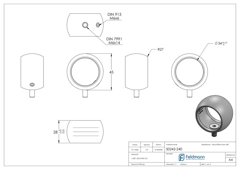 Kugelring für Handlaufhalter, 33,7mm, V2A