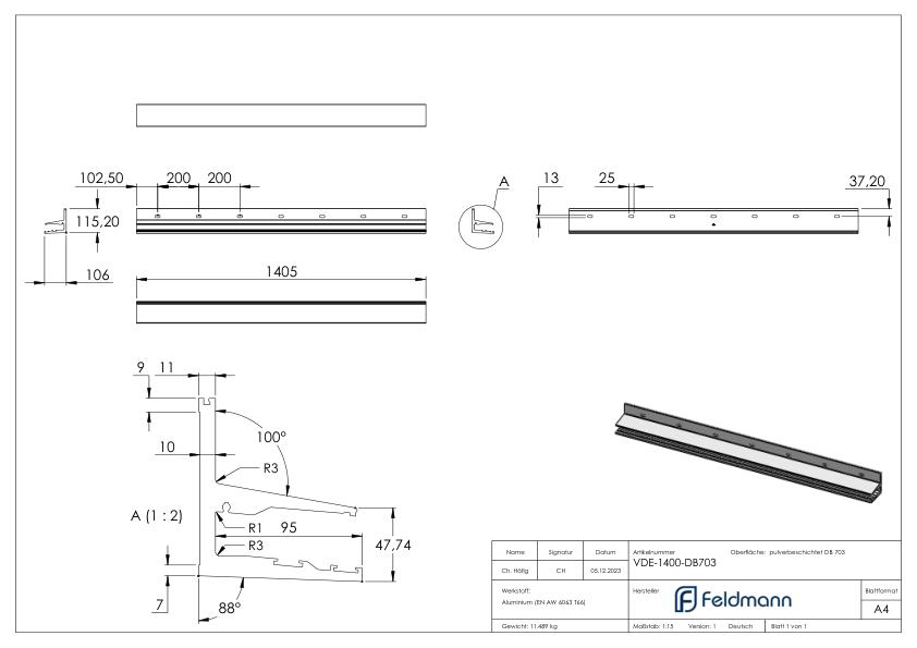 Vordachprofil eleganza canopy, L: 1405mm, DB703