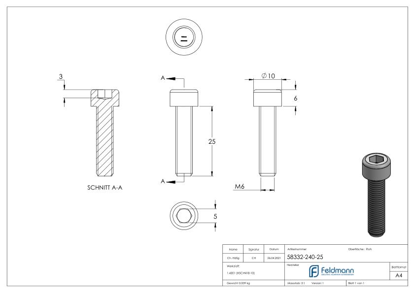 Zylinderkopfschraube M6x25, V2A, DIN 912