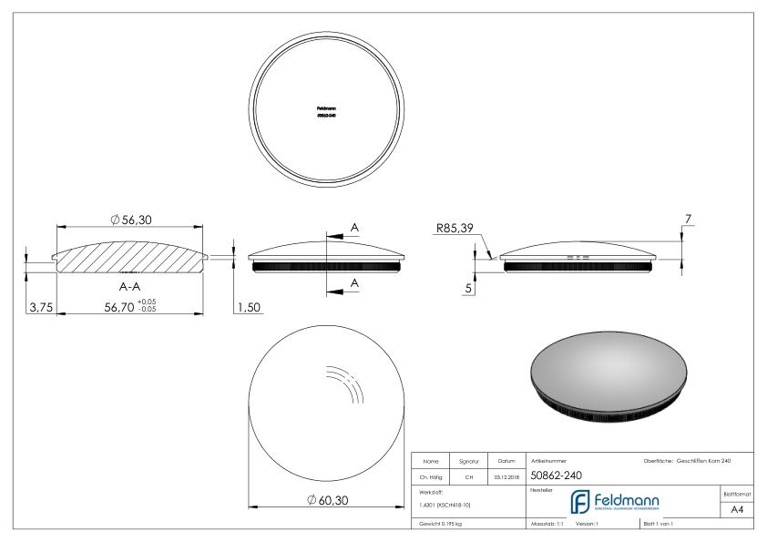 Rohrabschlussstopfen, für Rohr 60,3x2,0mm, V2A
