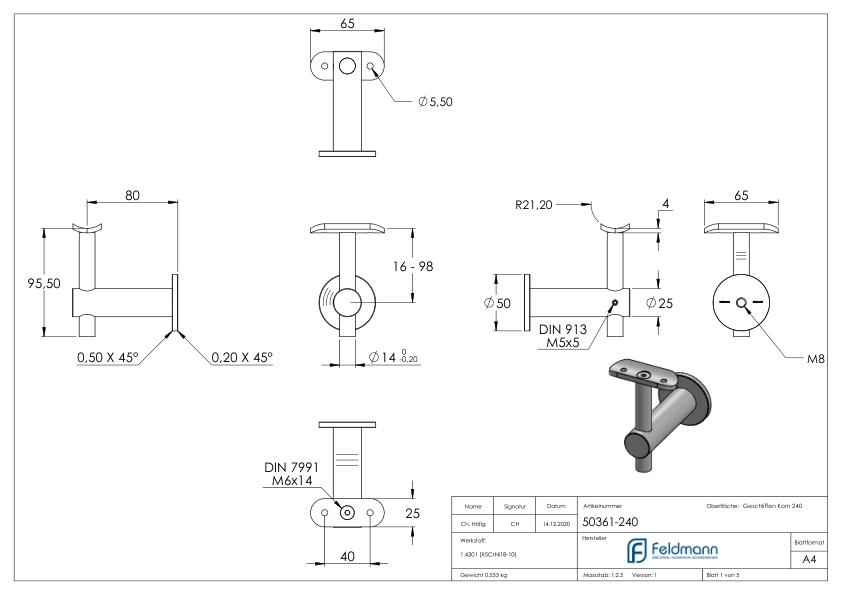 Handlaufhalter mit Handlaufanschlussplatte 42,4mm, V2A