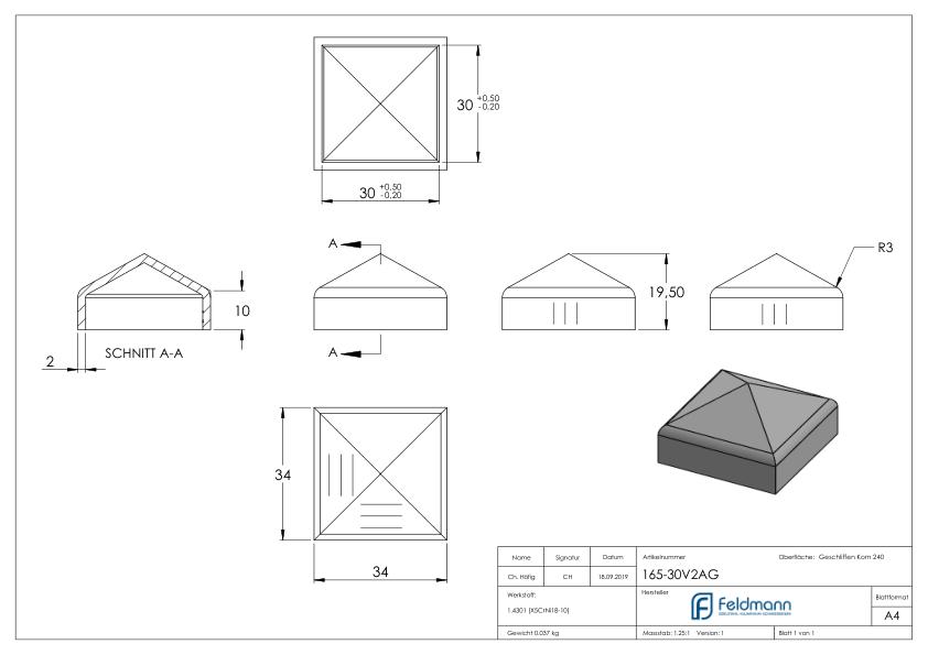 Pyramidenkappe, für Rohr 30x30mm, V2A