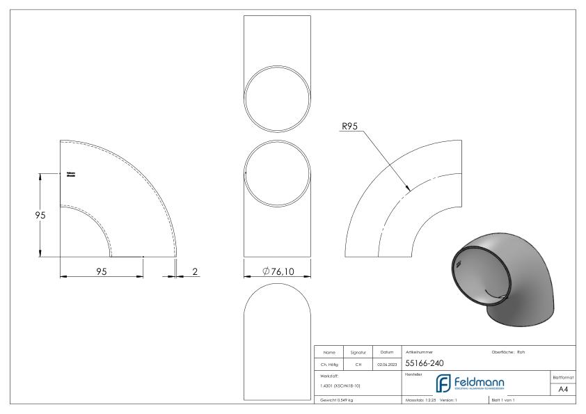 Schweißbogen 90°, 76,1 x 2,0mm, ungeschliffen, V2A