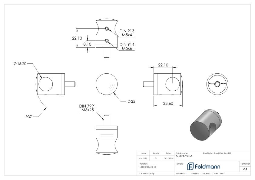 Querstabhalter für geraden Anschluss, 16,2mm Bohrung, V2A