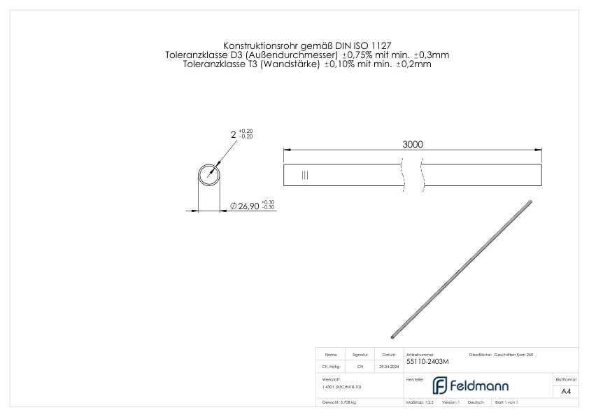 Edelstahlrohr, 26,9x2,0mm, L: 3000mm, V2A