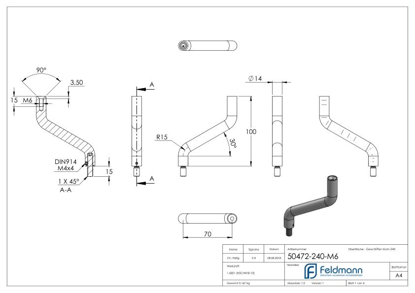 Bügel Ø 14mm, 2x 30° gebogen, V2A