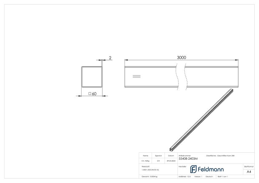 Quadratrohr, 60x60x2,0mm, L: 3000mm, V2A