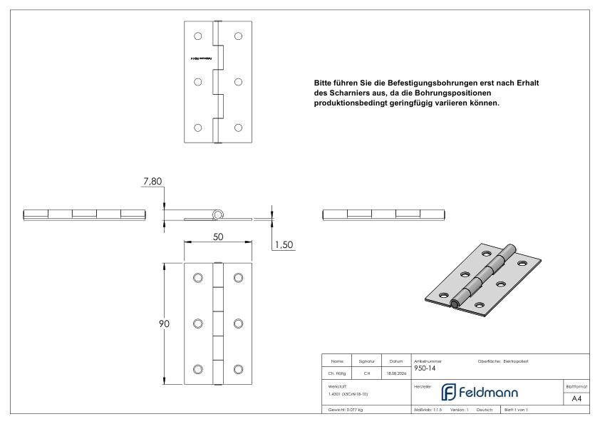 Edelstahl-Scharnier 90x50mm mit festem Zapfen