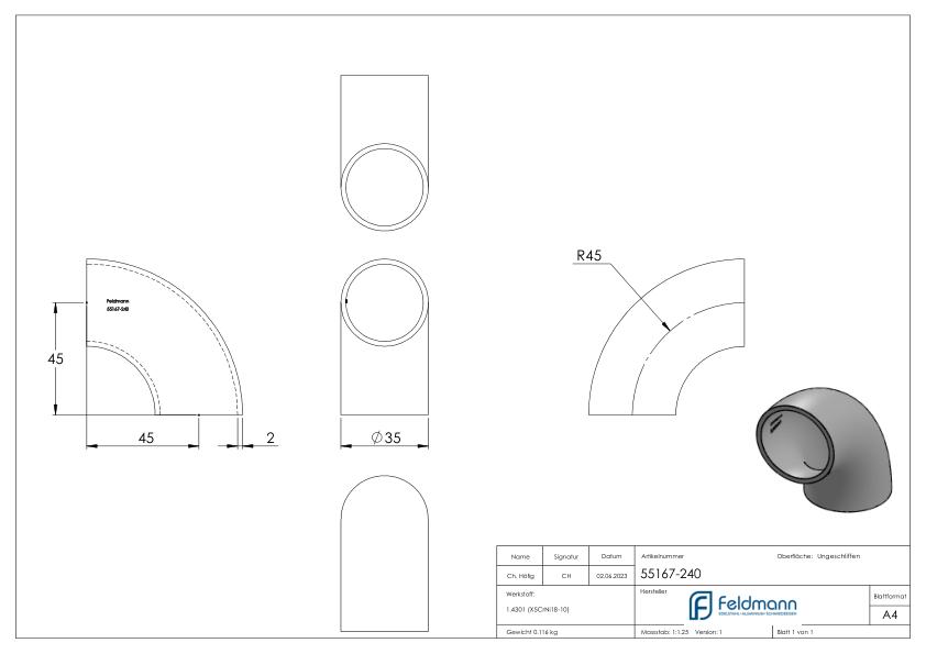 Schweißbogen 90°, 35,0 x 2,0mm, ungeschliffen, V2A