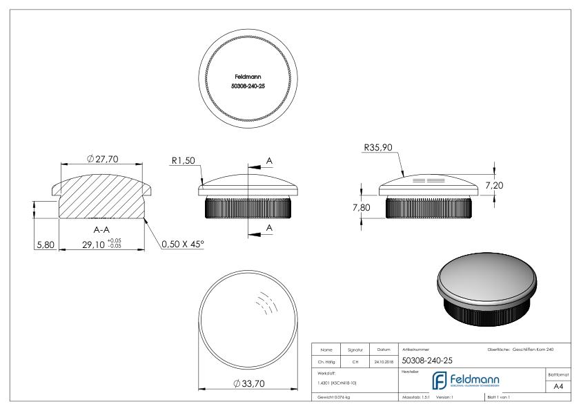 Rohrabschlussstopfen, für Rohr 33,7x2,5mm, V2A