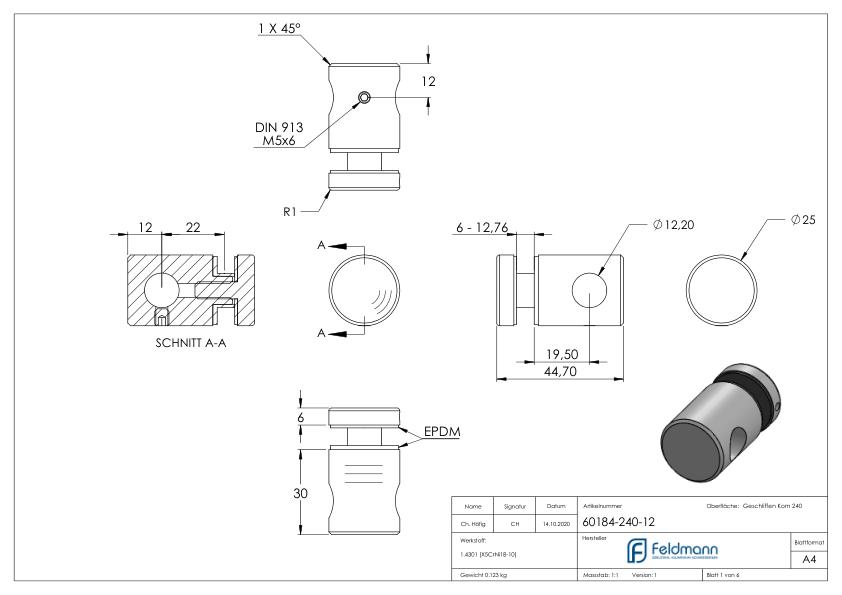 Querstab-Glashalter  Ø25mm für 12mm Rund, für Glas 6-12,76mm, V2A