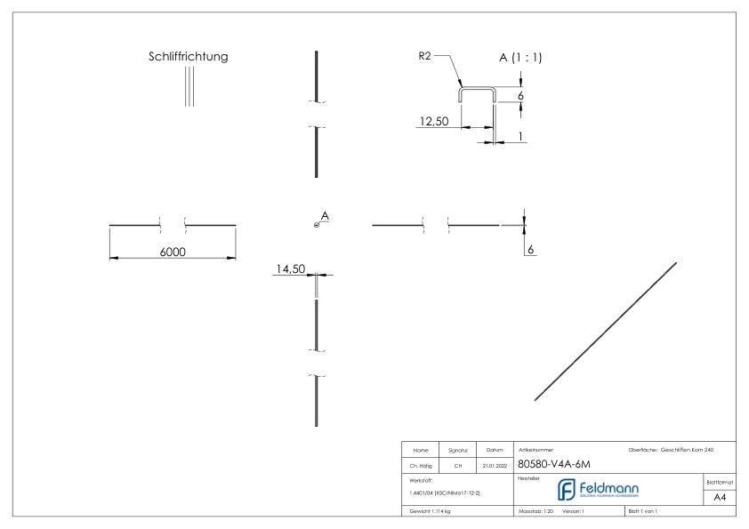 Kantenschutz EXTRA SLIM, für Glas 10,00 - 11,52mm, L: 6000mm, Edelstahl V4A