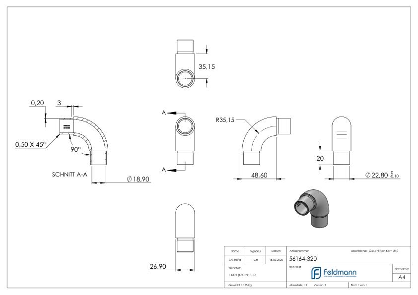 Rohrbogen 90°, für Rohr 26,9x2,0mm, V2A