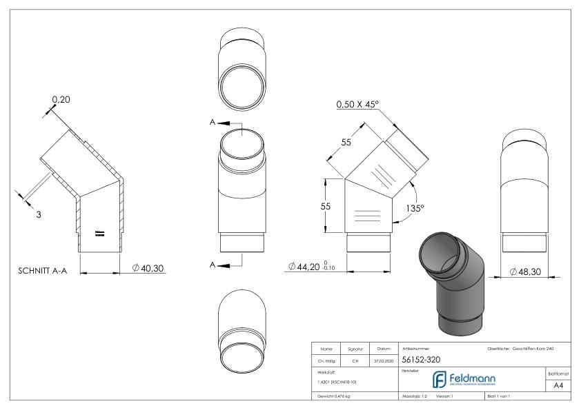 Eckstück 135°, für Rohr 48,3x2,0mm, V2A