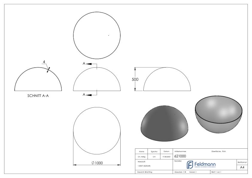Halbhohlkugel Ø 1000x4,0mm