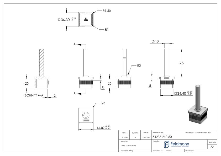 Stopfen mit Stift für Rohr 40 x 40 x 2,0mm, Höhe 80mm