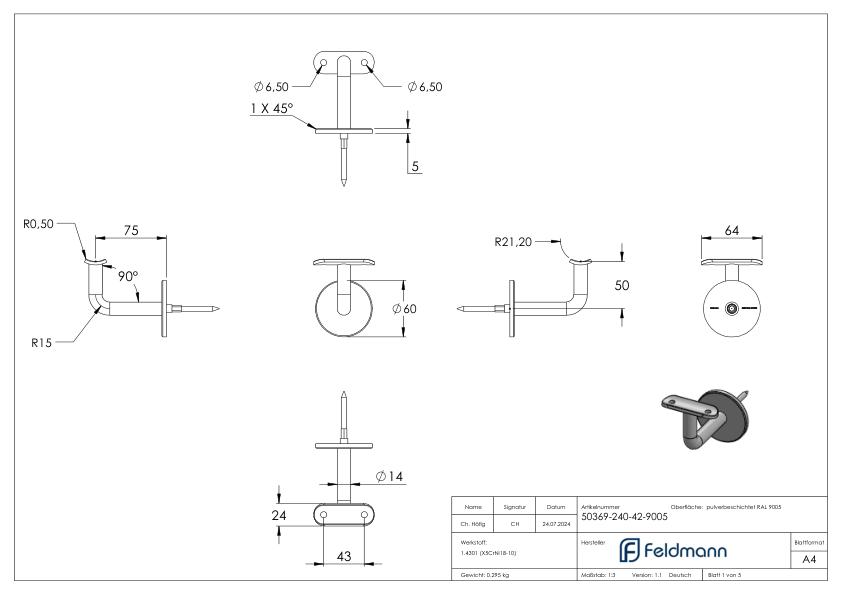 Handlaufhalter mit Platte 42,4mm, (Ronde und Bügel verschweißt), V2A in RAL 9005 beschichtet