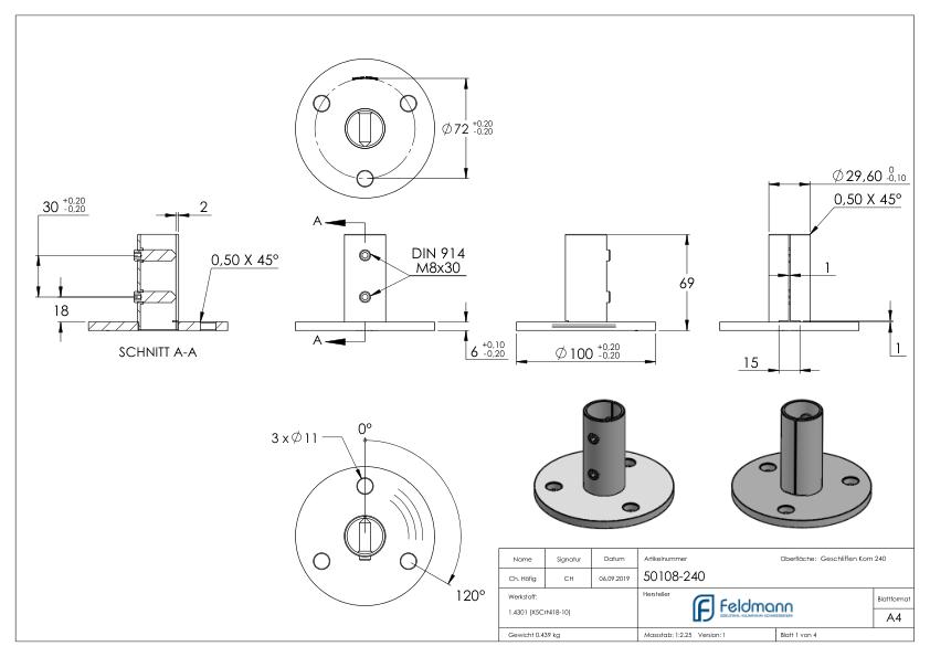 Wand- und Bodenanker, für Rohr 33,7x2,0mm, V2A