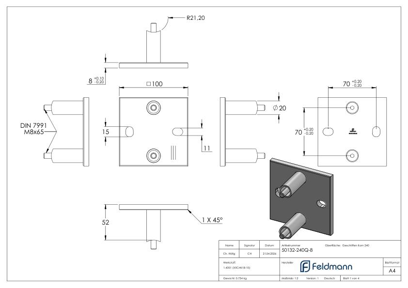 Wandbefestigung für Geländerpfosten 42,4mm, V2A