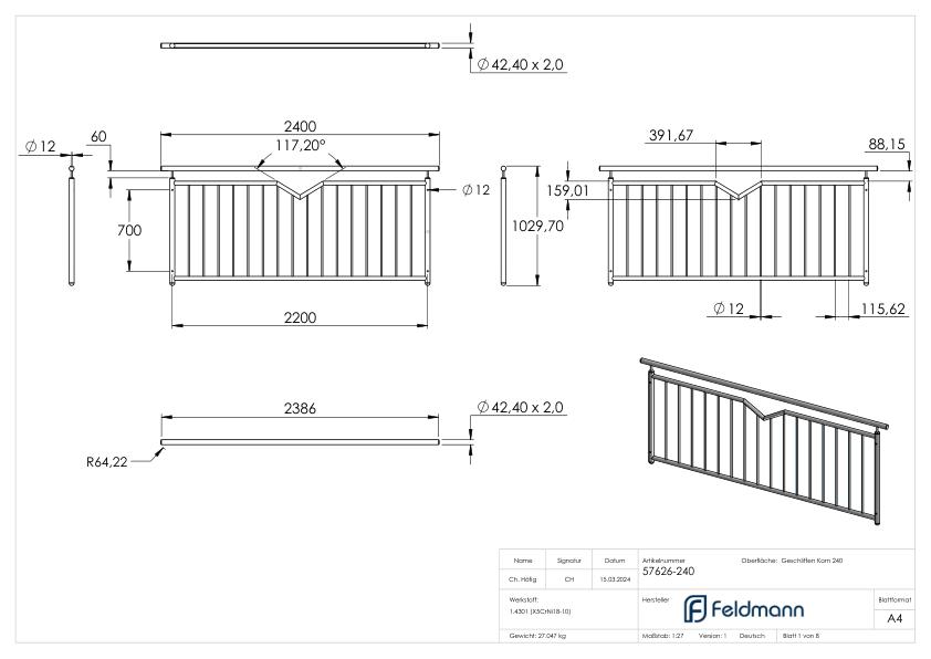 Französisches Balkongitter, mit V-Ausschnitt, B: 2,2m, V2A