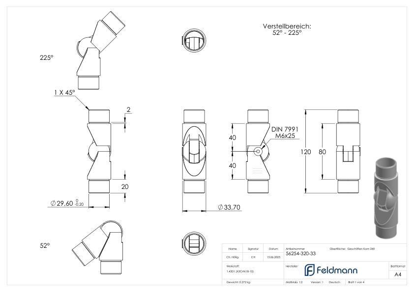 Gelenkstück, für Rohr 33,7 x 2,0mm, V2A