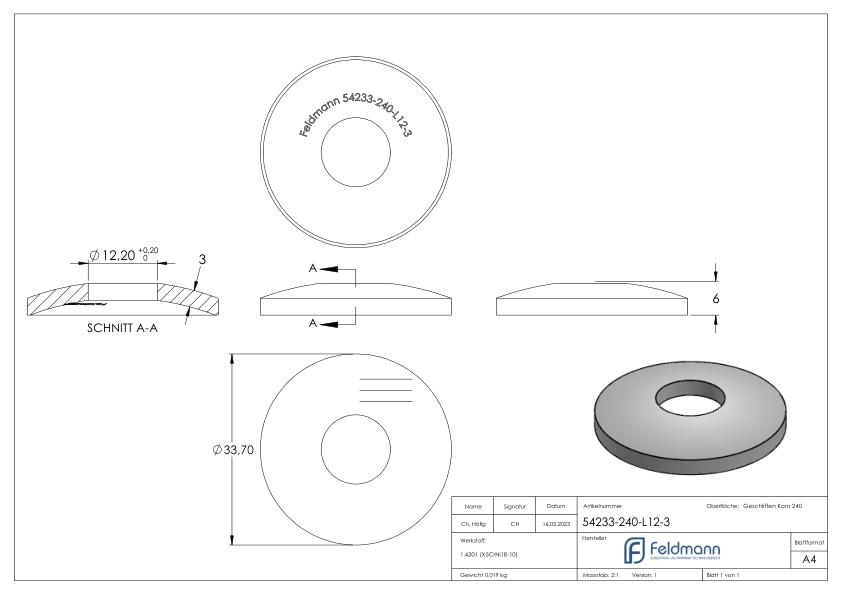 Gewölbte Schale, Ø 33,7mm, mit Bohrung 12,2mm, V2A