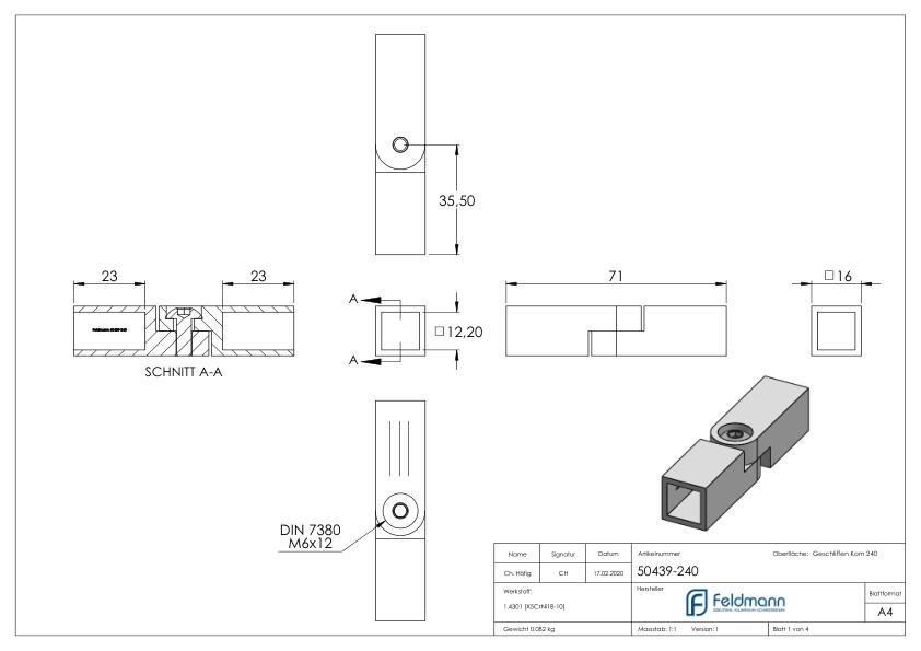 Verbinder mit Gelenk für Vierkant 12x12mm, V2A