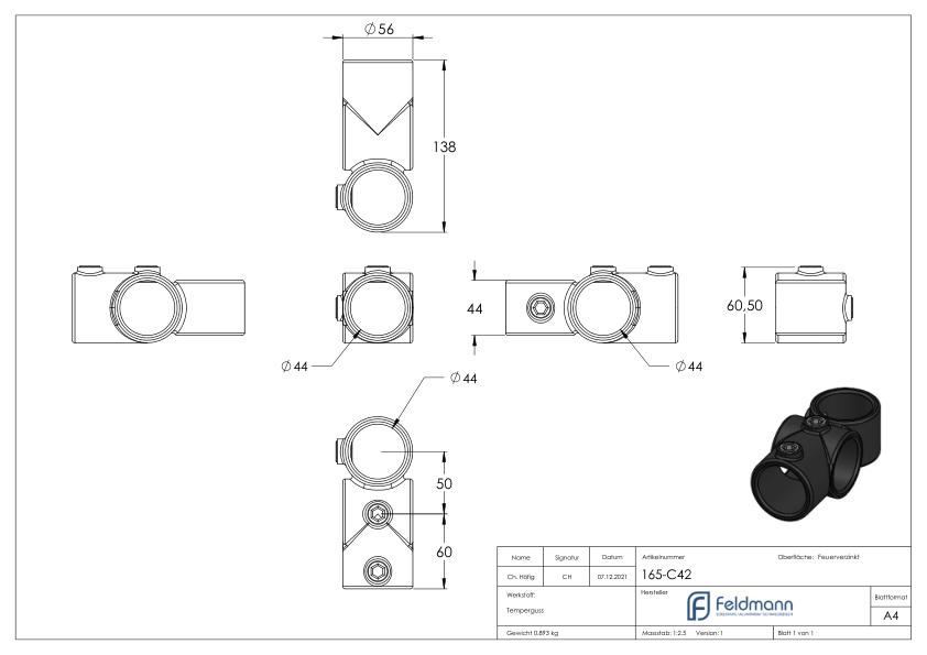 Kreuzstück, mit T-Stück, für Rohr Ø 42,4mm