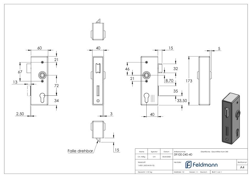 Edelstahlschlosskasten mit verzinktem Schloss, Abmessung: 40x60x173mm