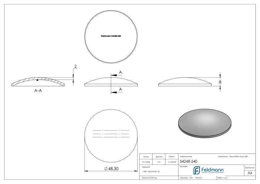 Gewölbte Schale Ø 48,3x2,0mm, H: 8mm, V2A