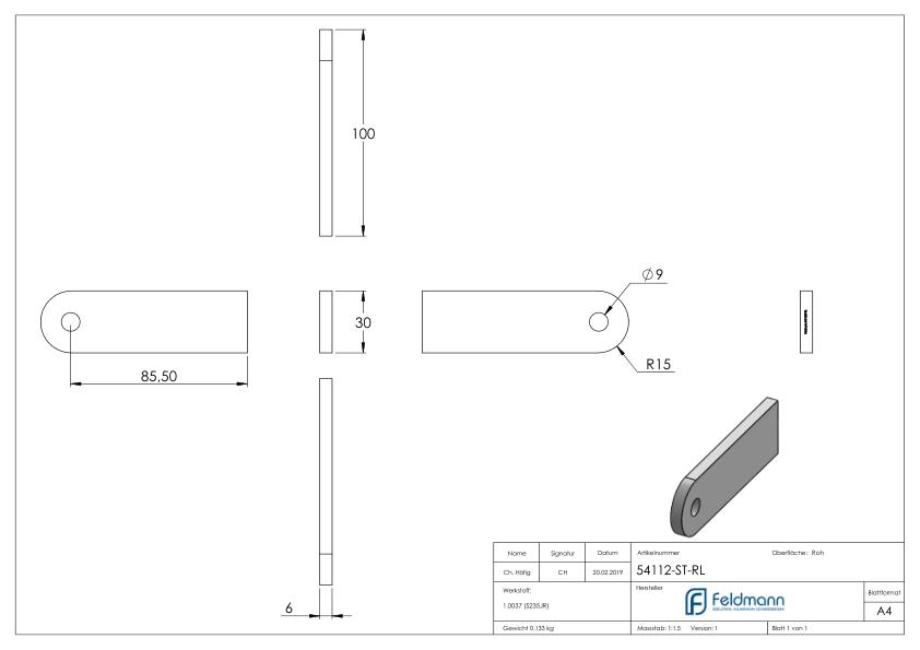 Anschweißlasche 100 x 30 x 6mm mit Rundloch 9mm