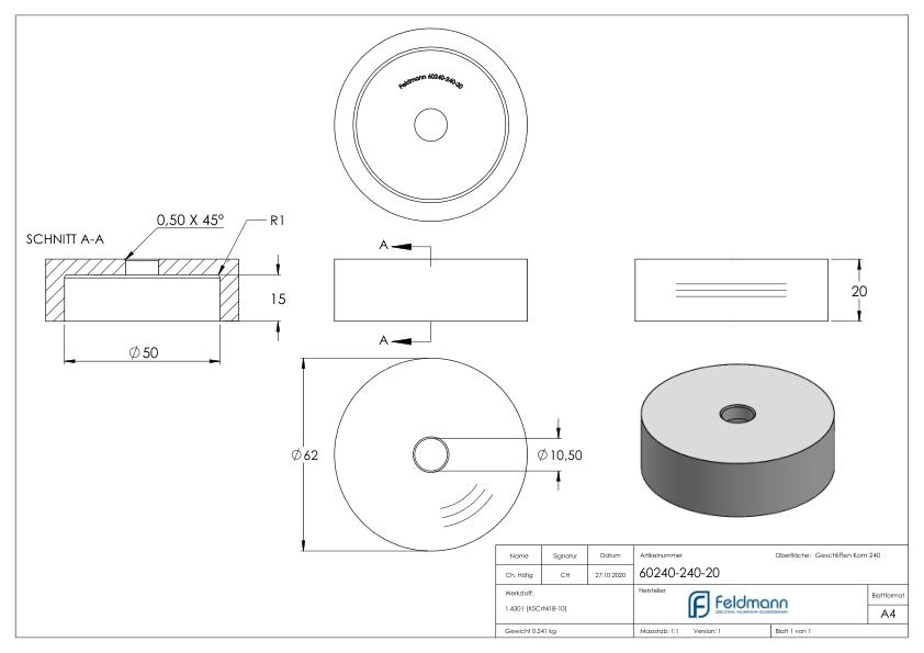 Unterteil für 62mm Glaspunkthalter, t: 20mm, V2A
